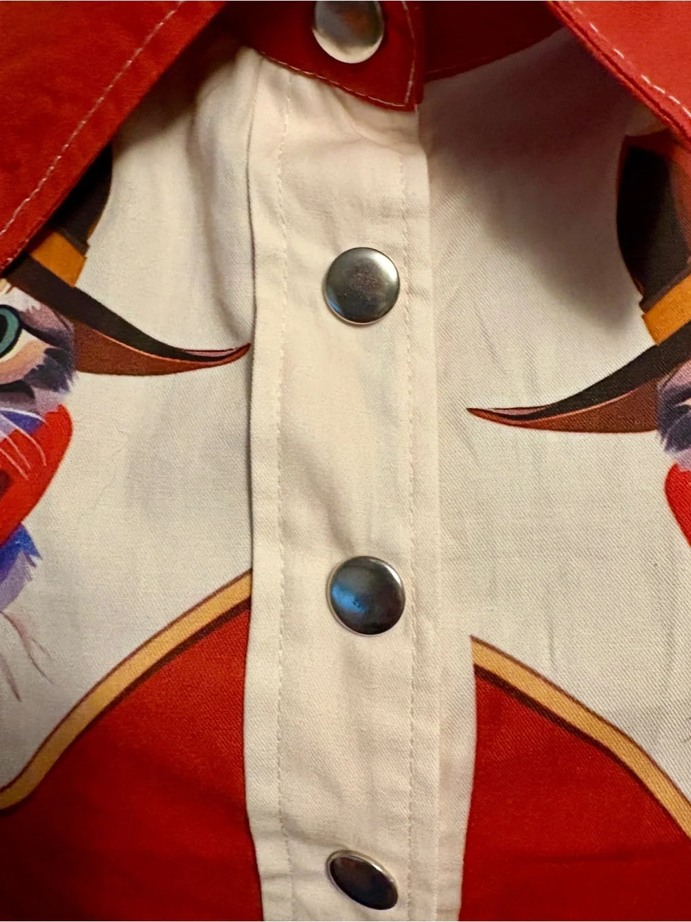 A Western Cute Cat Cowboy Red Cotton Metal Snap Front Dress, Womens size Small